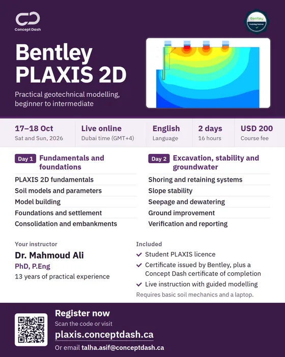 Bentley PLAXIS 2D course poster, live online, Dubai time, USD 200, trainer Dr. Mahmoud Ali. The printed dates (17–18 October) are out of date: the course now runs 24–25 October 2026.