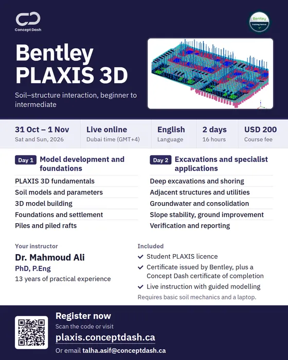 Bentley PLAXIS 3D course poster: 31 October to 1 November 2026, live online, Dubai time, USD 200, trainer Dr. Mahmoud Ali